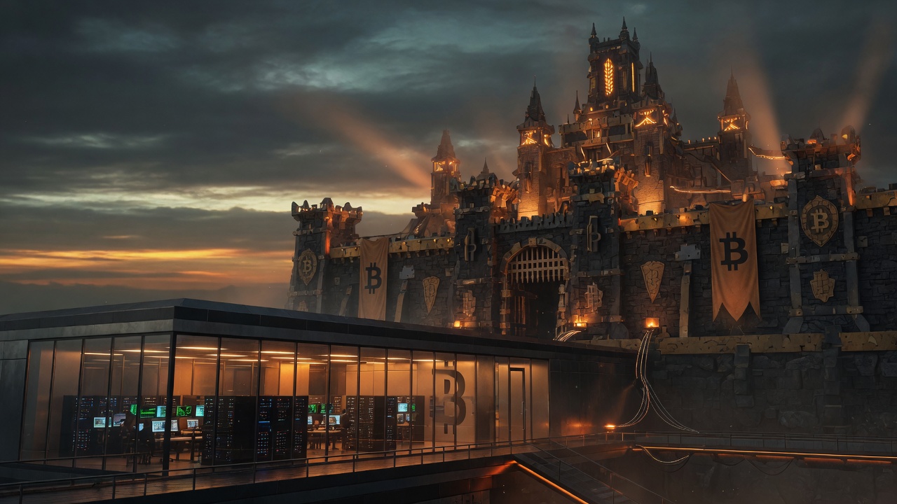 A Bitcoin research lab glowing before a fortified Bitcoin citadel at dusk